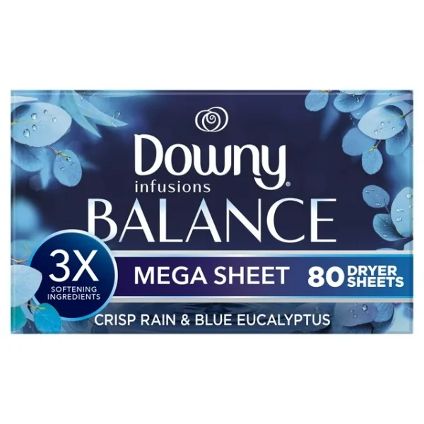 Downy Infusions Mega hojas para secadora, BALANCE, lluvia crujiente y eucalipto azul, 80 unidades