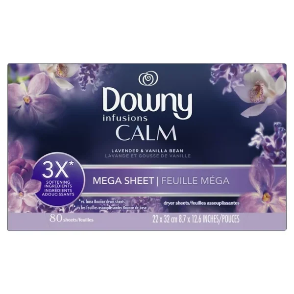 Downy Infusions Mega hojas secadoras, CALM, lavanda, 80 unidades