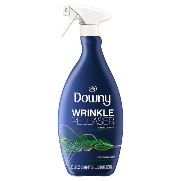 Downy spray liberador de arrugas y refrescante para telas, alternativa al almidón, aroma a lino crujiente, 33.8 fl oz