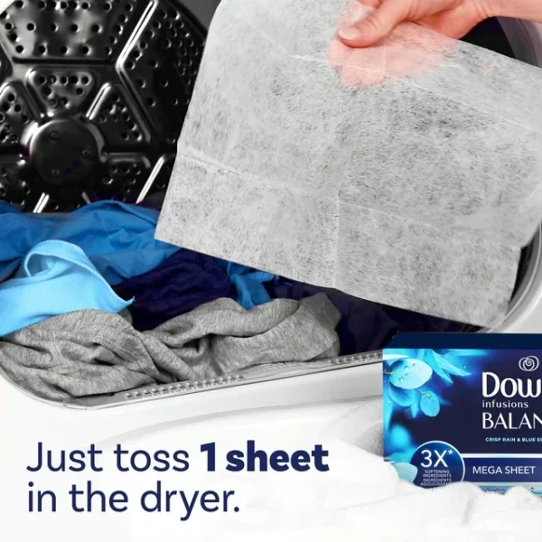 Downy Infusions Mega hojas para secadora, BALANCE, lluvia crujiente y eucalipto azul, 80 unidades - Imagen 2