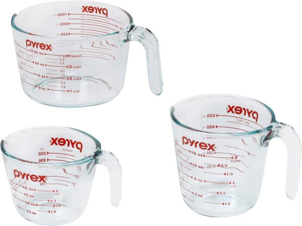 Pyrex - Juego de 3 tazas medidoras de vidrio templado, para líquidos, incluye medidas de 1, 2 y 4 tazas, aptas para lavavajillas, congelador, microondas y horno, esenciales de cocina - Imagen 2