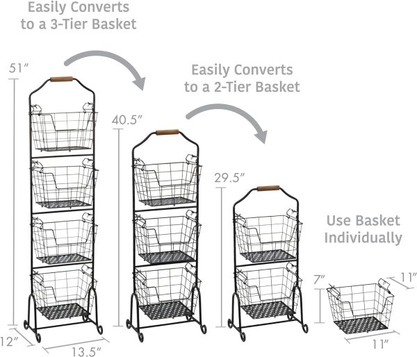 Gourmet Basics by Mikasa Ferme - Cesta metálica de 4 niveles para almacenamiento de frutas/hogar, color negro antiguo - Imagen 3